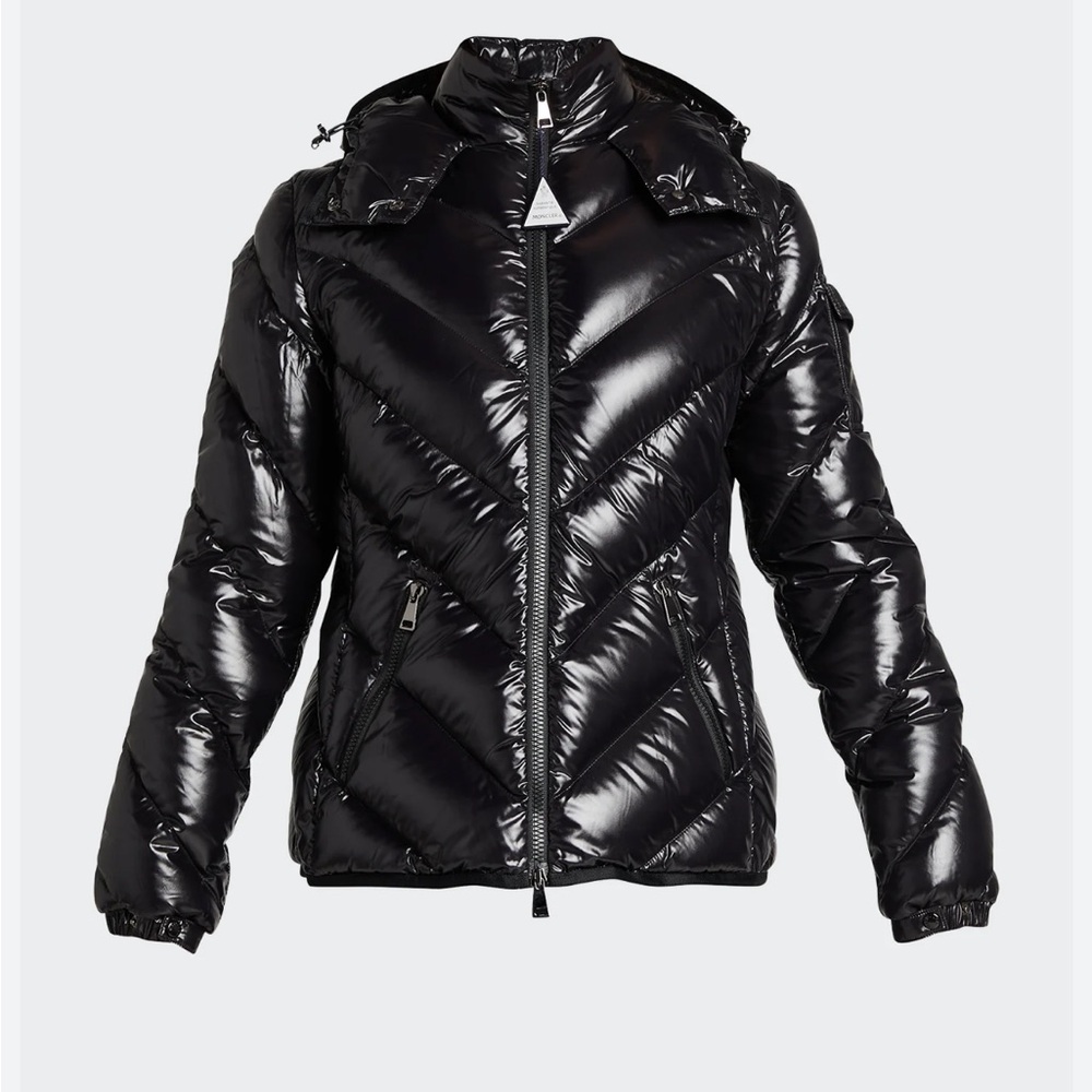 NWT Moncler Brouel Chevron Nylon Laque Down Quilted Jacket w Attached Hood sz2